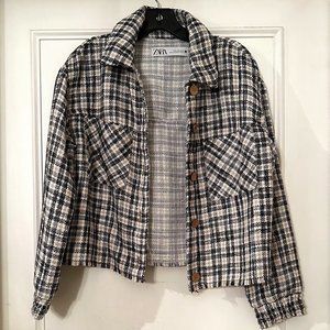 Zara Plaid Shacket with Wood Buttons and Fringe Bottom Detail, Size M